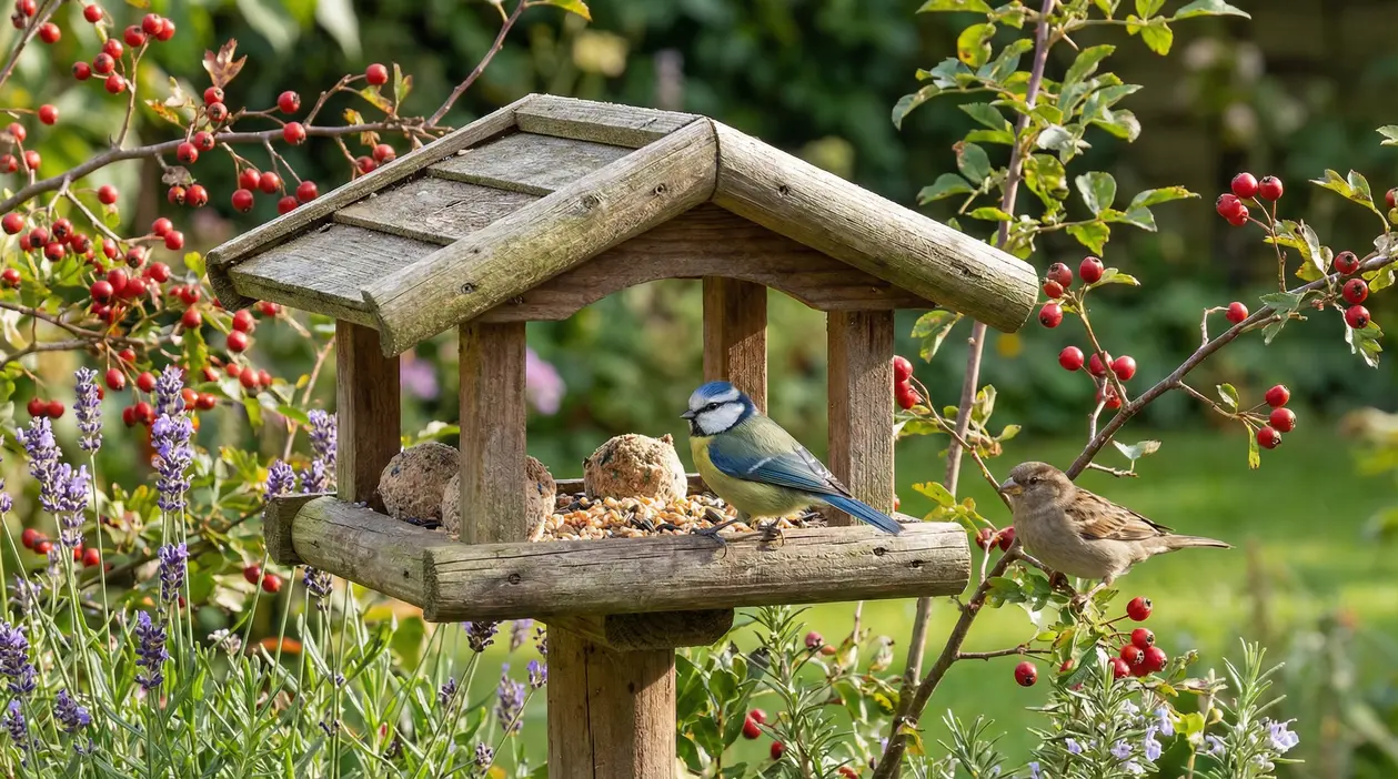 Uccelli su una mangiatoia in legno in un giardino con bacche e lavanda