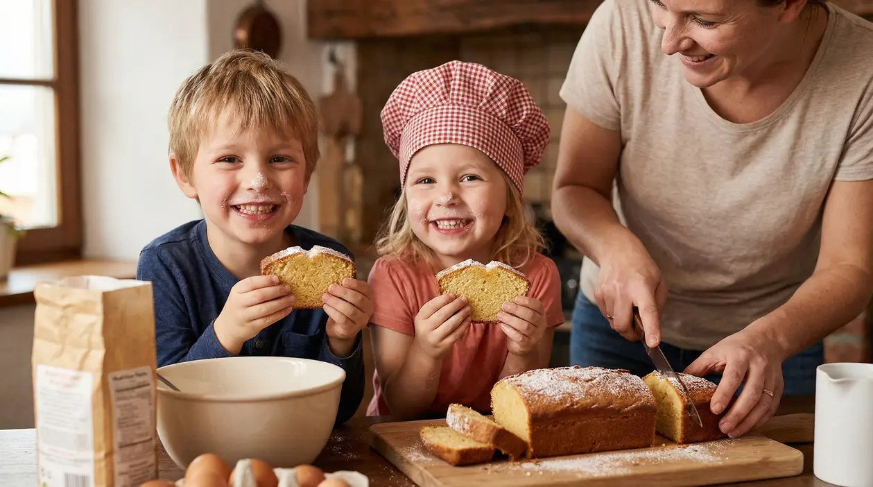 Due bambini sorridono mentre mangiano una fetta di torta fatta in casa con un adulto che taglia il dolce