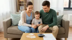 Famiglia seduta sul divano con banconote e calcolatrice sul tavolino