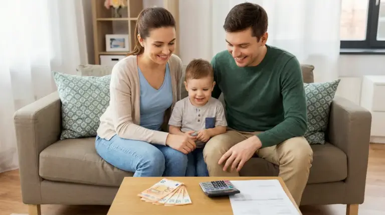 Famiglia seduta sul divano con banconote e calcolatrice sul tavolino
