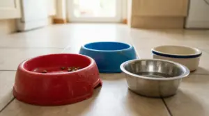 Ciotole per animali domestici di diversi materiali su un pavimento di cucina