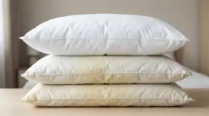 Tre cuscini sovrapposti, uno bianco e due con evidenti macchie gialle