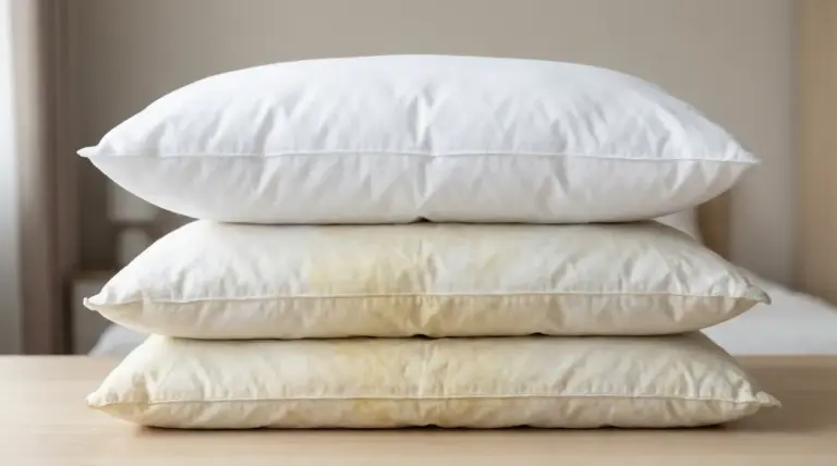 Tre cuscini sovrapposti, uno bianco e due con evidenti macchie gialle