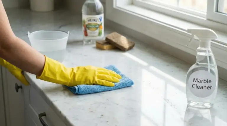 Mano con guanto giallo che pulisce un piano in marmo con un panno