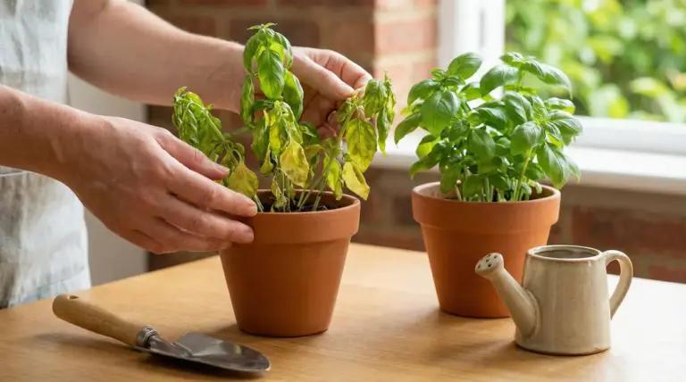 Due vasi di basilico su un tavolo, uno con foglie appassite, l'altro sano