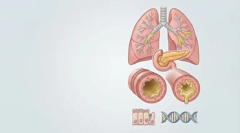 Illustrazione dei polmoni, pancreas, vie respiratorie ostruite e DNA legati alla fibrosi cistica