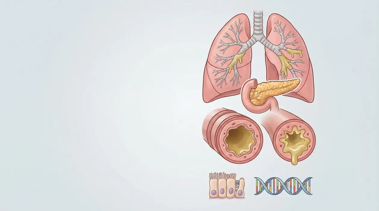 Illustrazione dei polmoni, pancreas, vie respiratorie ostruite e DNA legati alla fibrosi cistica