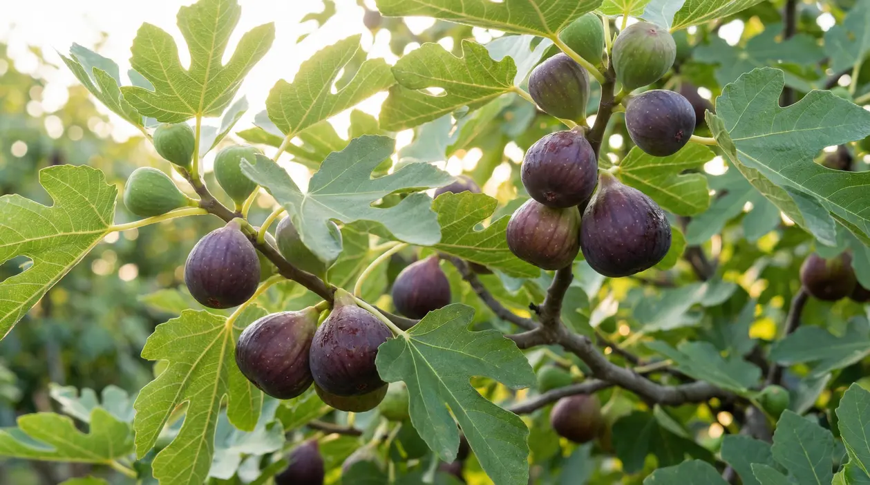 Rami di fico con frutti maturi e foglie verdi alla luce del sole