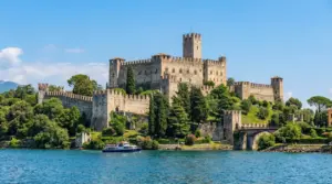Castello medievale a riva di un lago, circondato da mura e vegetazione