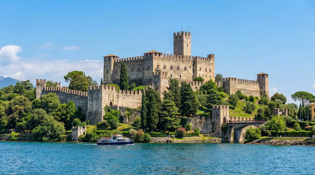 Castello medievale a riva di un lago, circondato da mura e vegetazione