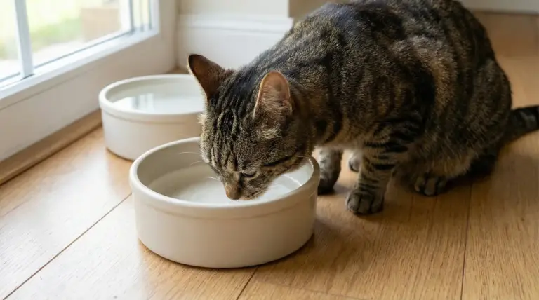 Gatto tigrato che beve da una ciotola d'acqua su un pavimento in legno vicino a una finestra