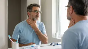 Un uomo si osserva allo specchio mentre tocca la propria gola con attenzione