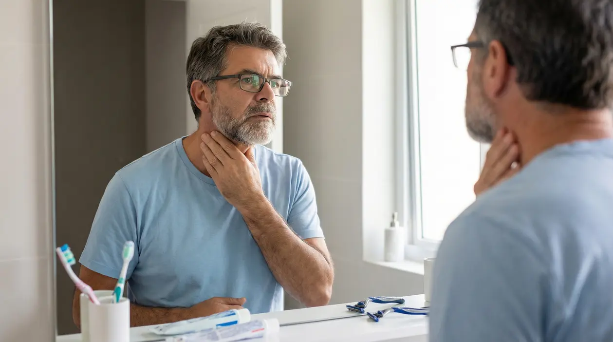 Un uomo si osserva allo specchio mentre tocca la propria gola con attenzione