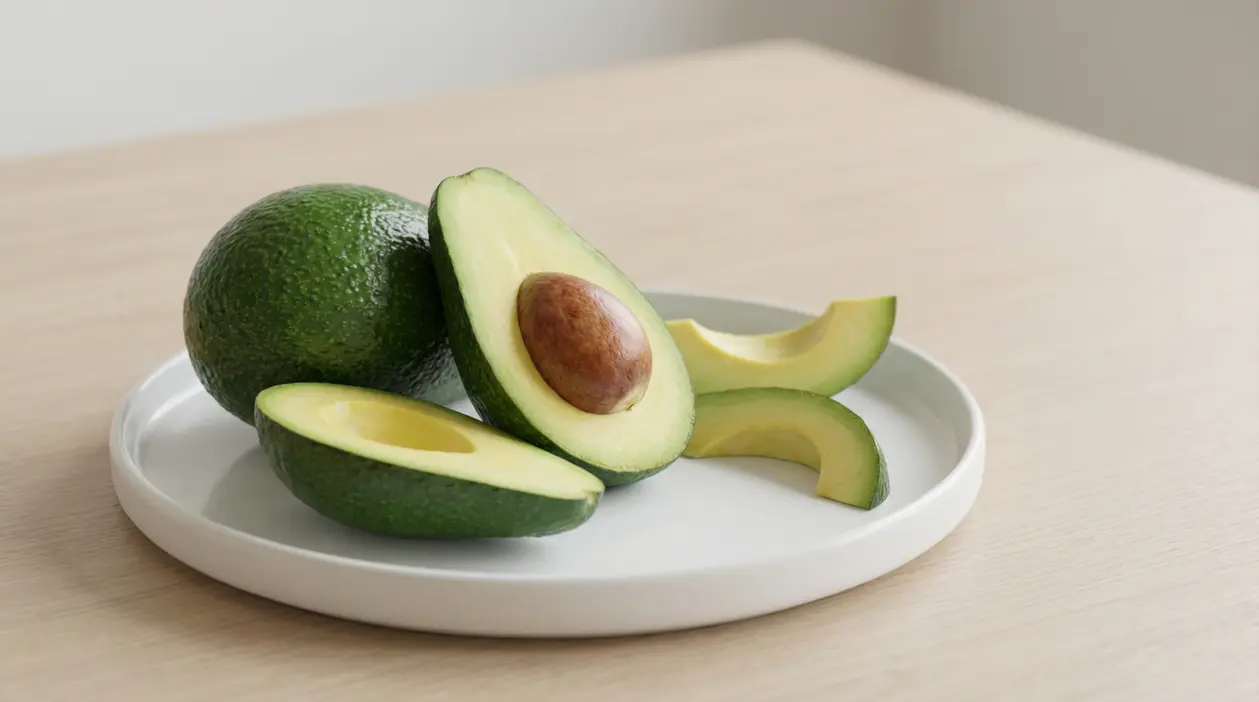 Avocado interi e tagliati a fette su un piatto bianco su tavolo in legno chiaro