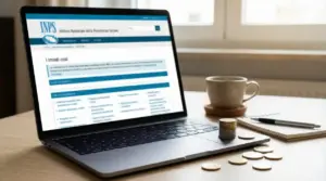 Laptop con sito INPS aperto, monete e tazza su una scrivania