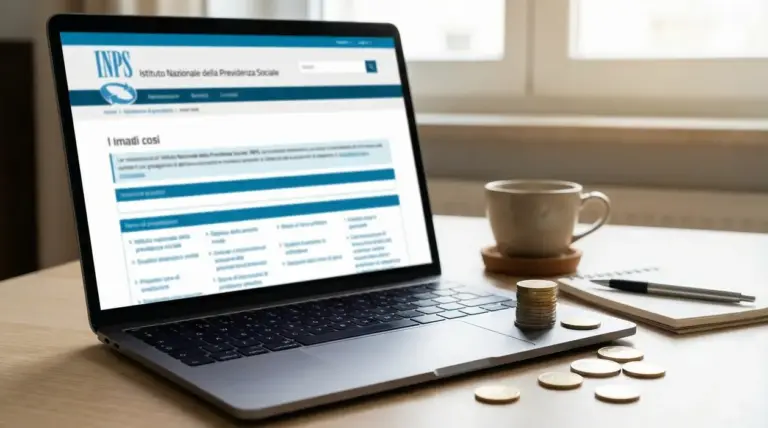 Laptop con sito INPS aperto, monete e tazza su una scrivania