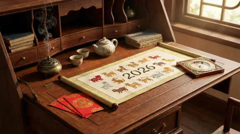Scrivania con rotolo illustrato dei segni zodiacali cinesi e l'anno 2026