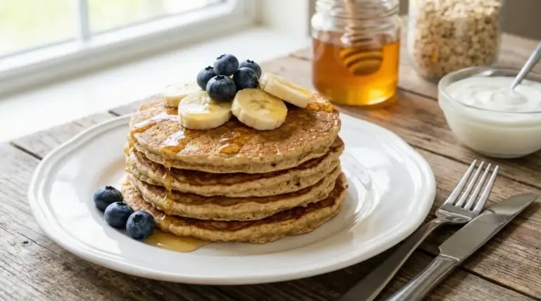 Pancake proteici con banana e mirtilli su un piatto bianco, con miele e yogurt a lato