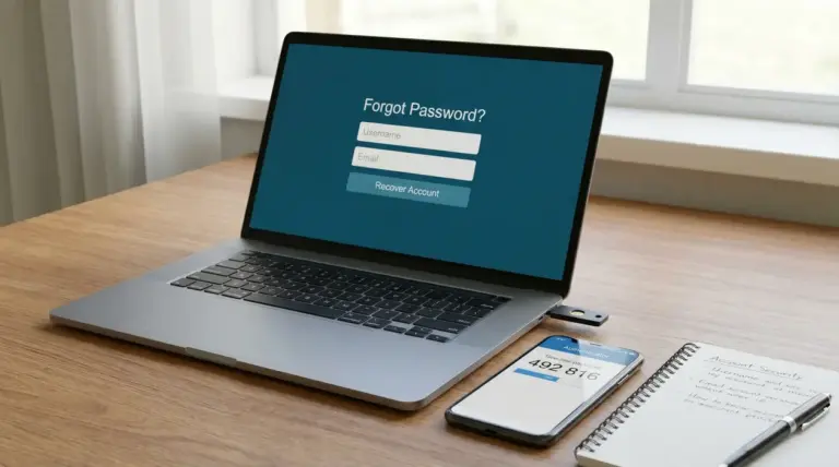 Laptop con schermata di recupero password, smartphone con codice 2FA e taccuino su una scrivania