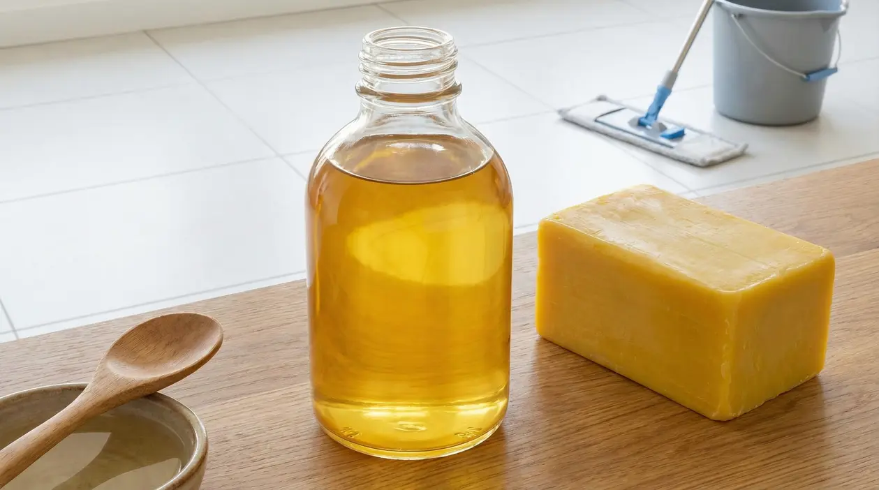 Barattolo di sapone giallo liquido, panetto di sapone e cucchiaio su tavolo con mocio sullo sfondo