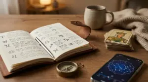 Quaderno con simboli zodiacali, tarocchi, bussola e app astrologica su un tavolo