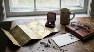 Carta astrologica su un tavolo con tazza, occhiali, diario e cofanetto con ciondolo