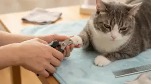 Persona che taglia le unghie a un gatto sdraiato su un telo azzurro