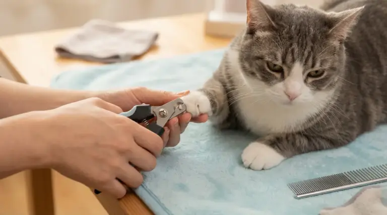 Persona che taglia le unghie a un gatto sdraiato su un telo azzurro