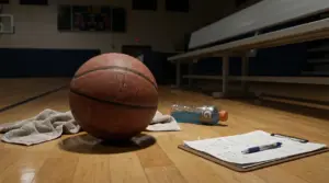 Pallone da basket su un campo con asciugamano, borraccia e appunti su una cartella