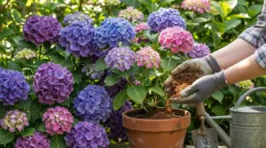 Mani con guanti da giardinaggio aggiungono un ingrediente naturale a un vaso con ortensia