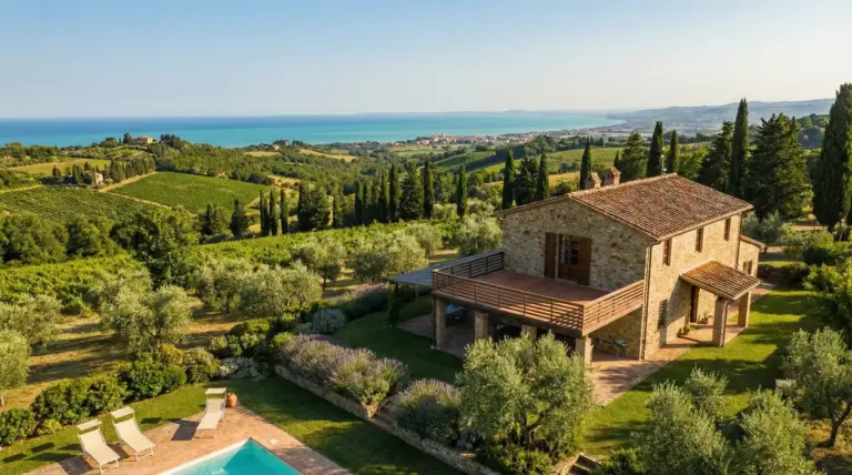 Casale in pietra con piscina immerso nelle colline verdi con vista sul mare in Italia