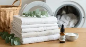 Panni bianchi piegati accanto a olio essenziale di eucalipto e detersivo davanti a una lavatrice